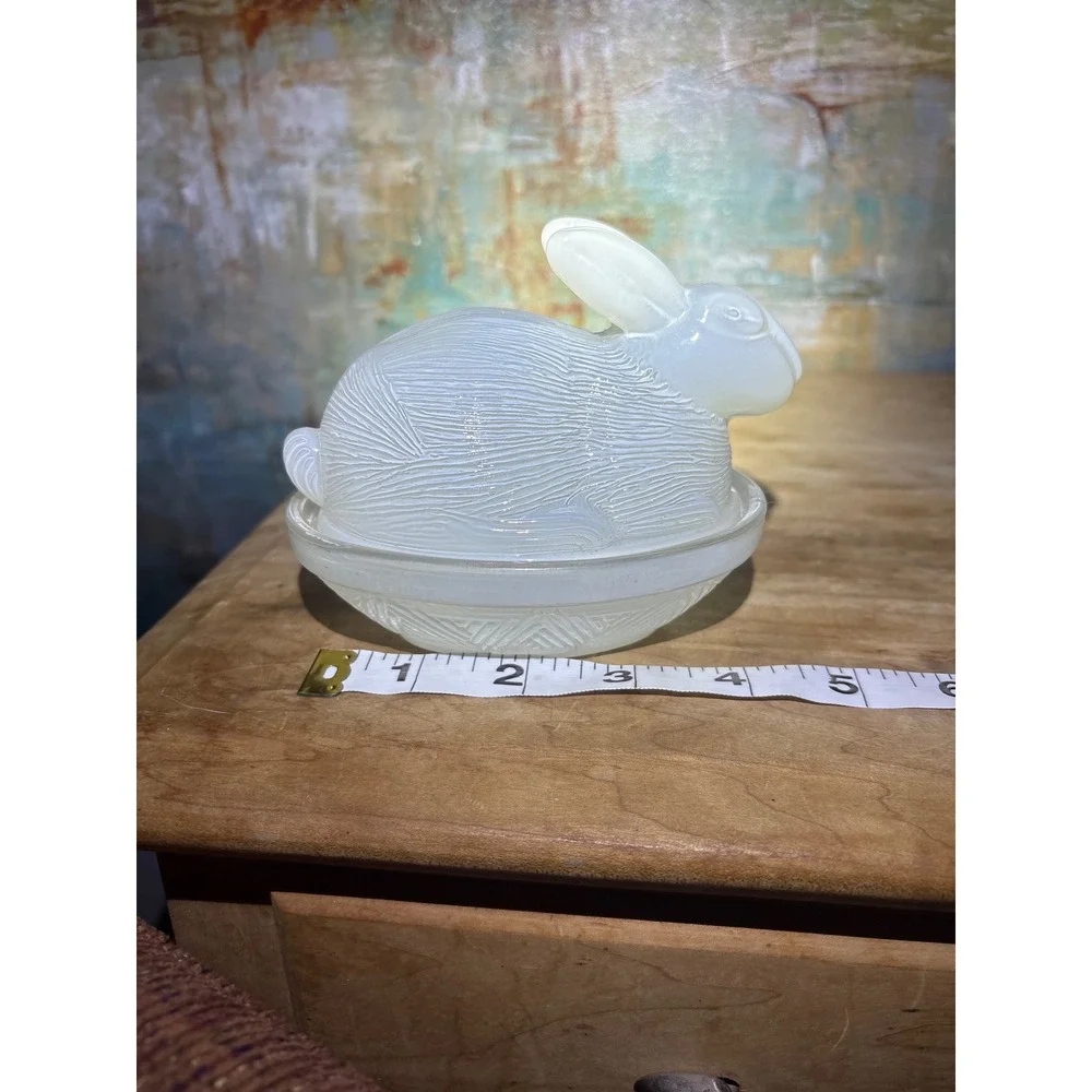 Vintage Frosted Glass Rabbit on Nest Trinket Dish White Bunny Candy Bowl 4.5